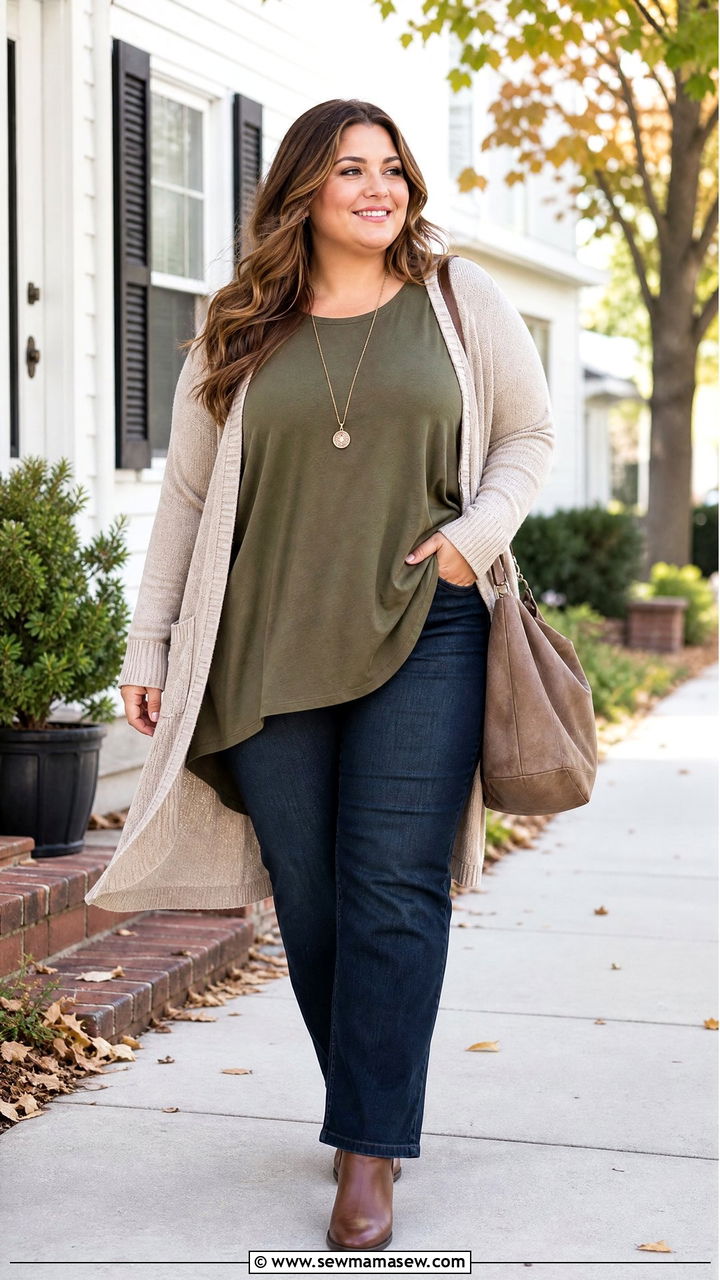 Plus Size High Low Top With Cardigan And Jeans - 20 plus size high low top outfit ideas