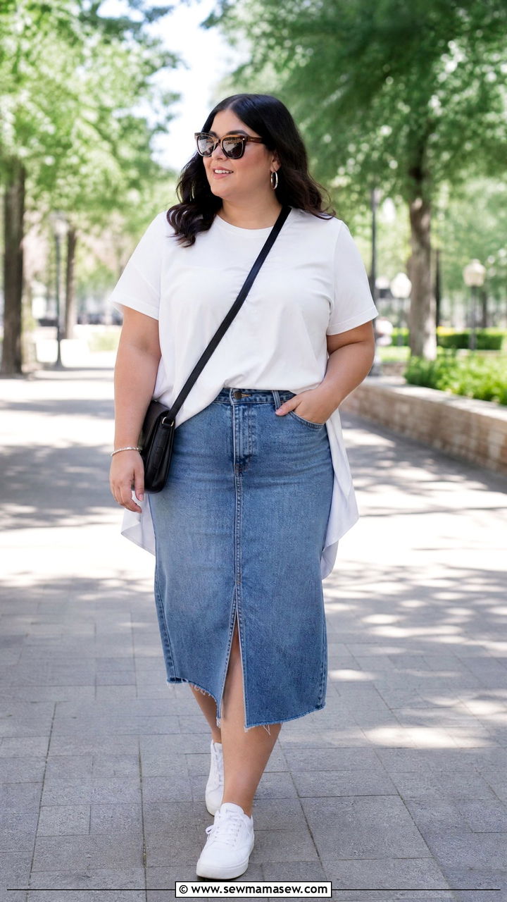 Plus Size High Low Top With Denim Skirt - 20 plus size high low top outfit ideas