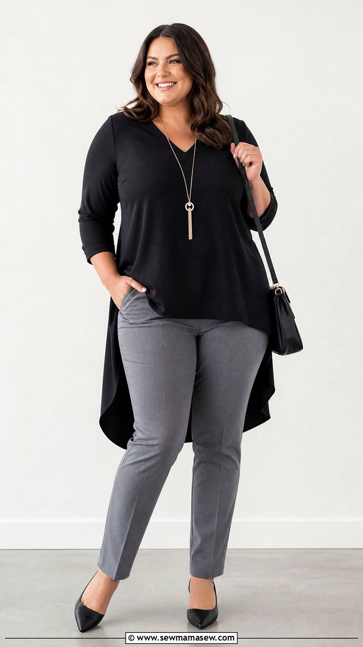 Plus Size High Low Top With Slim Trousers - 20 plus size tops to hide belly outfit ideas