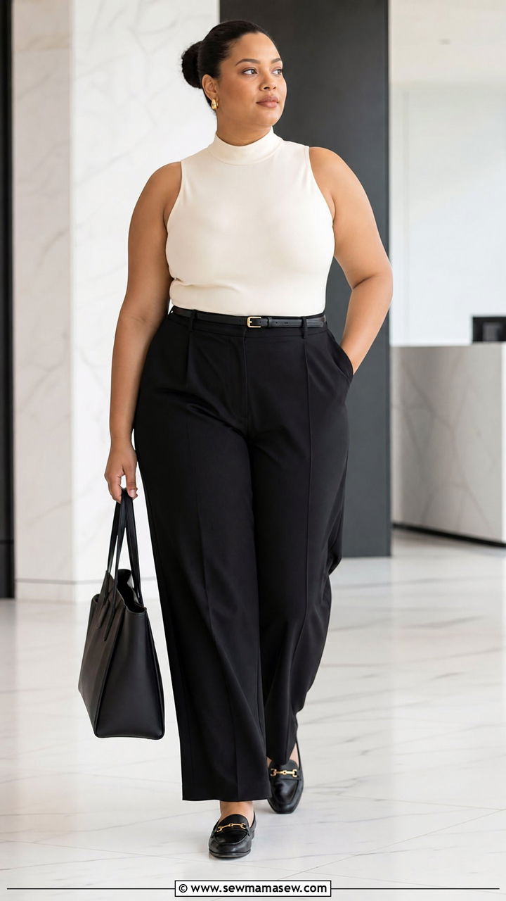 Plus Size High Neck Top With Black Trousers - 20 plus size high neck top outfit ideas