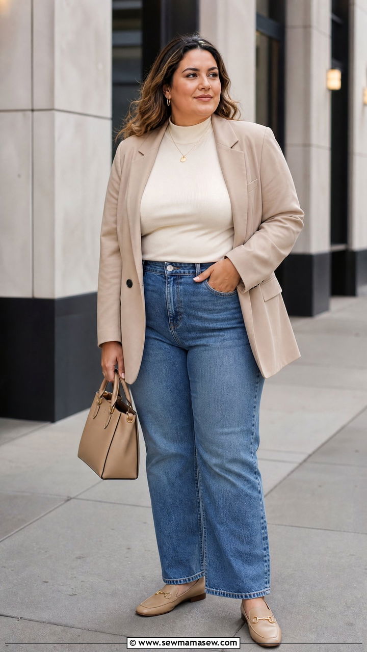 Plus Size High Neck Top With Blazer And Jeans - 20 plus size high neck top outfit ideas