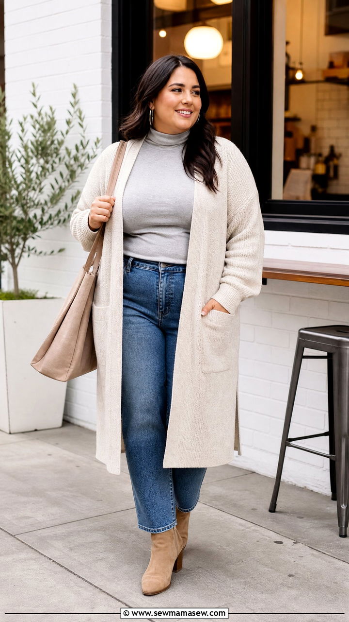 Plus Size High Neck Top With Cardigan And Jeans - 20 plus size high neck top outfit ideas