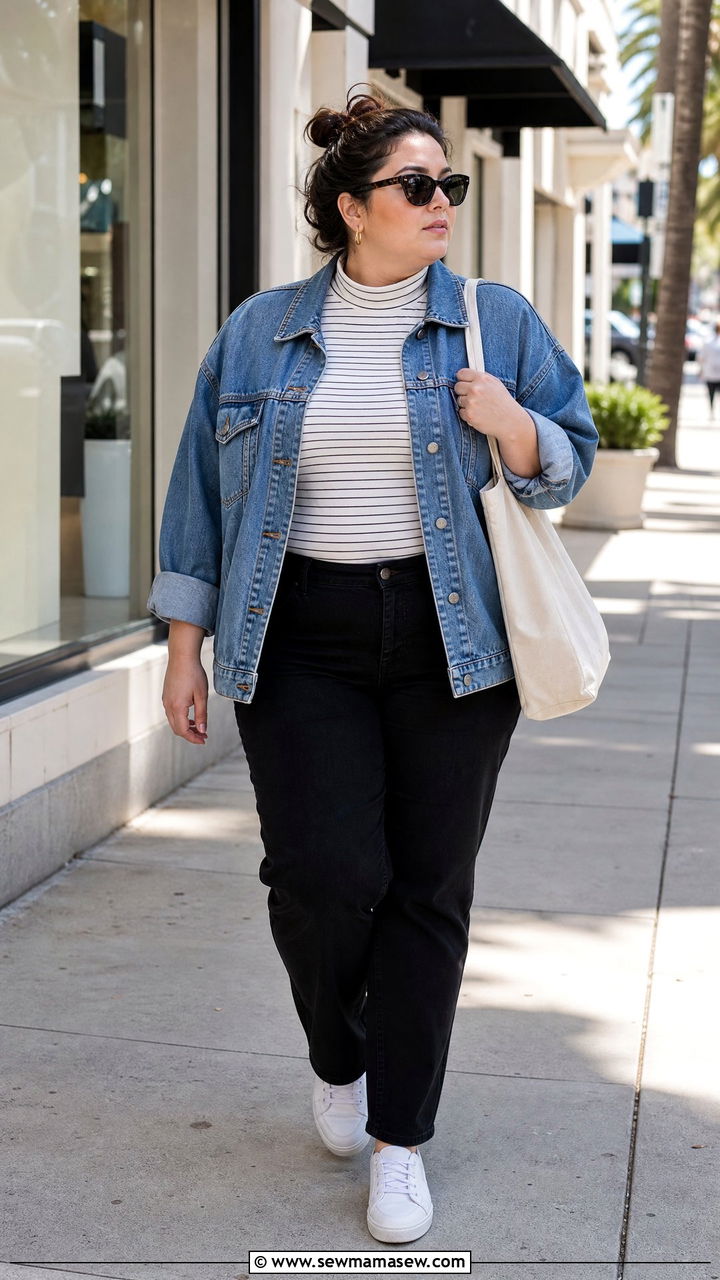 Plus Size High Neck Top With Denim Jacket - 20 plus size high neck top outfit ideas