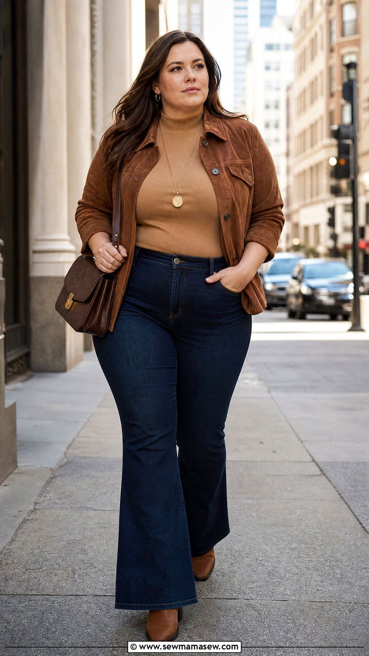 Plus Size High Neck Top With Flare Jeans - 20 plus size high neck top outfit ideas
