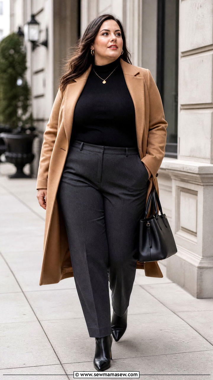 Plus Size High Neck Top With Long Coat - 20 plus size high neck top outfit ideas