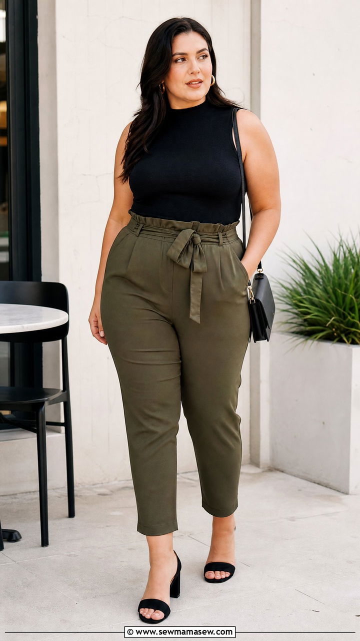 Plus Size High Neck Top With Paperbag Pants - 20 plus size high neck top outfit ideas