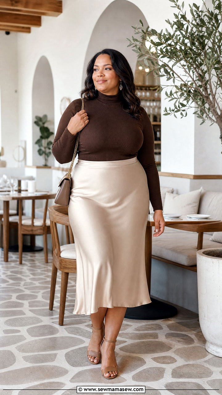 Plus Size High Neck Top With Satin Midi Skirt - 20 plus size high neck top outfit ideas