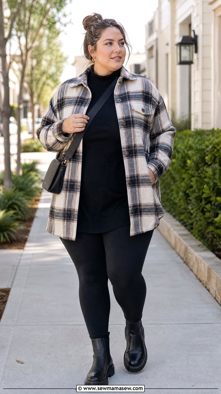 Plus Size High Neck Top With Shacket And Leggings - 20 plus size high neck top outfit ideas