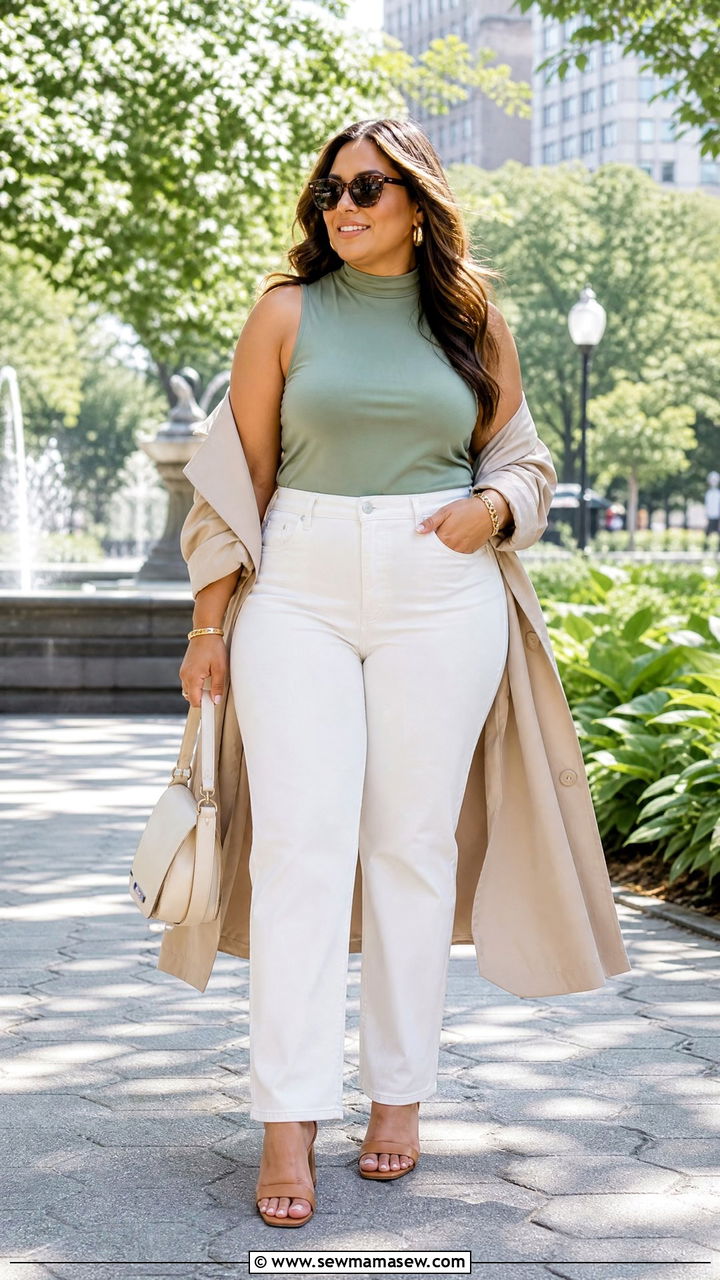 Plus Size High Neck Top With White Jeans - 20 plus size high neck top outfit ideas