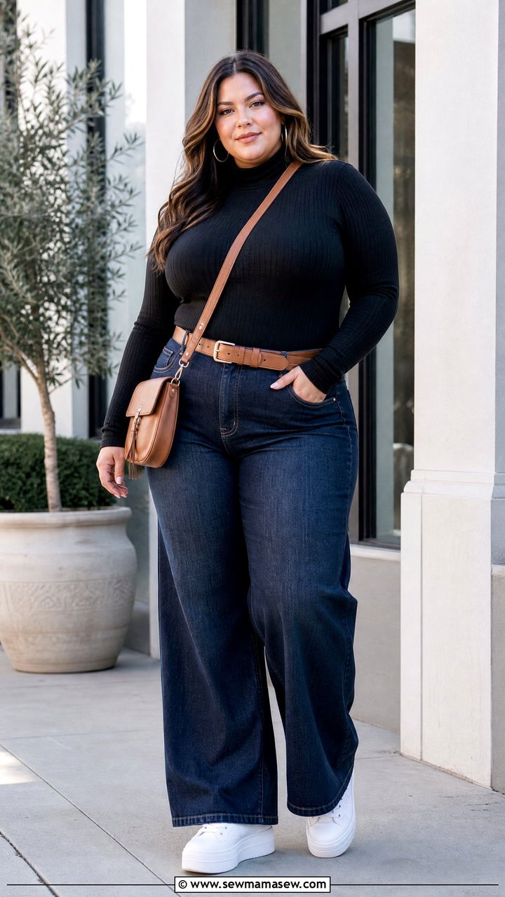 Plus Size High Neck Top With Wide Leg Jeans - 20 plus size high neck top outfit ideas