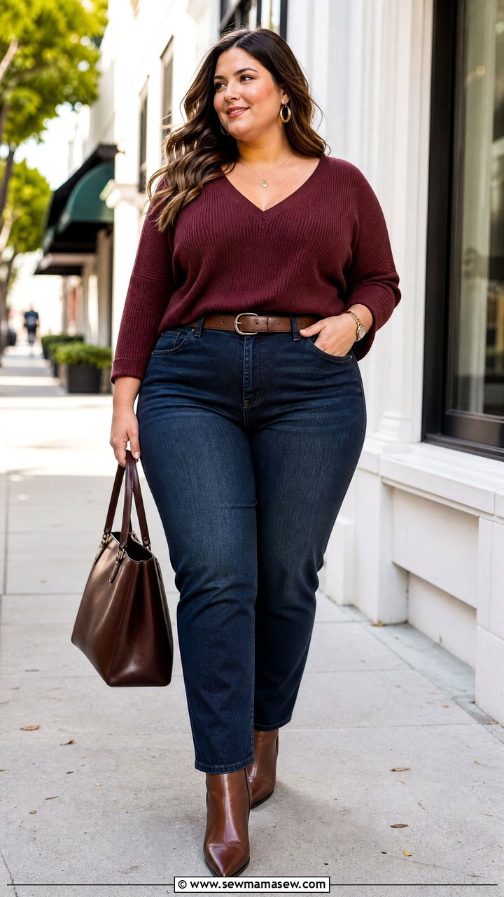 Plus Size High Waisted Jeans And V Neck Top Outfit - 20 plus size outfits to look slimmer