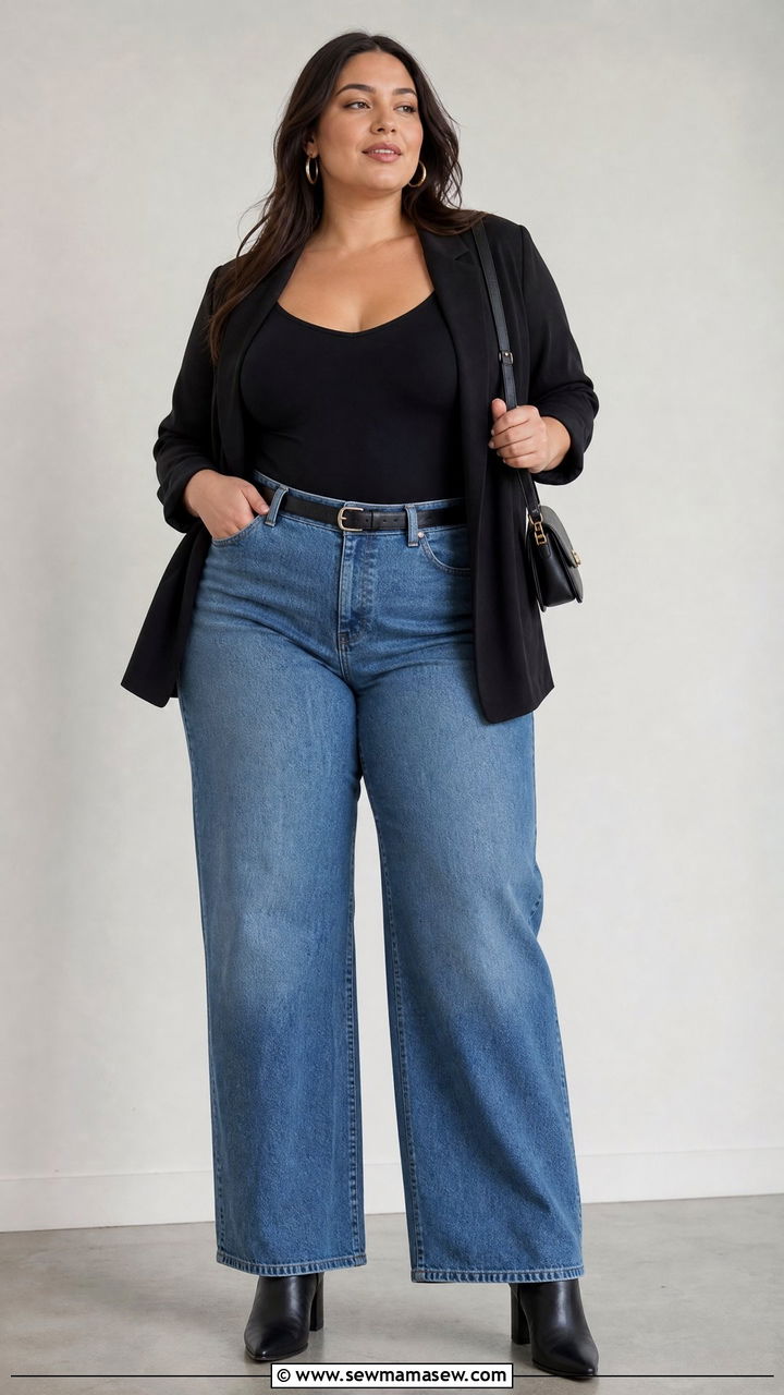 Plus Size High Waisted Jeans With Black Bodysuit - 20 plus size high waisted jeans outfit ideas