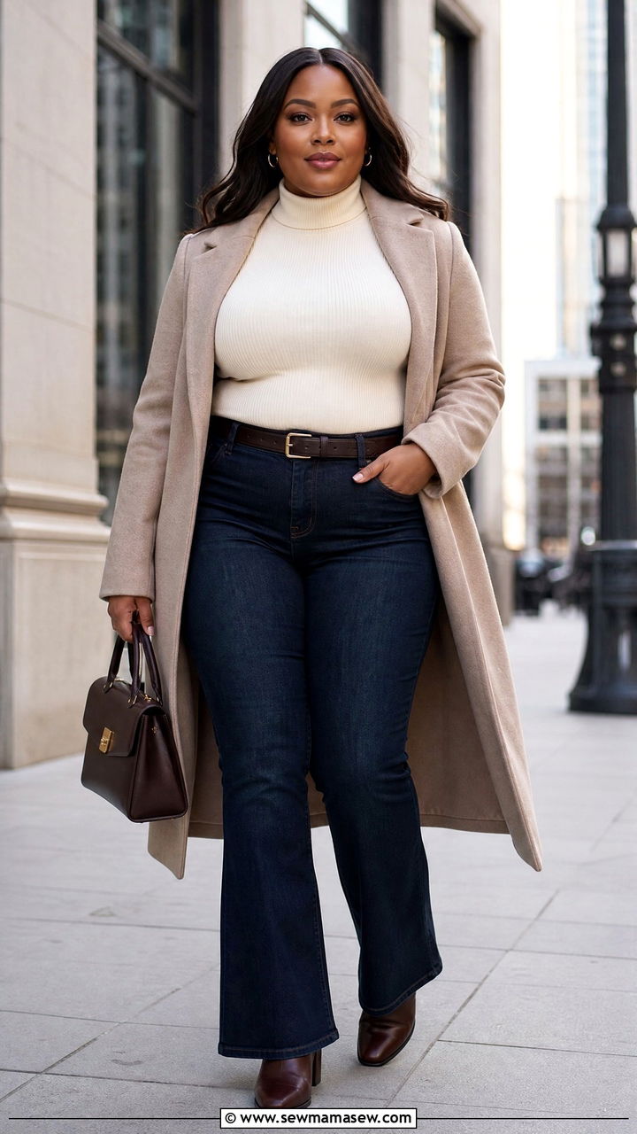 Plus Size High Waisted Jeans With Fitted Turtleneck - 20 plus size high waisted jeans outfit ideas