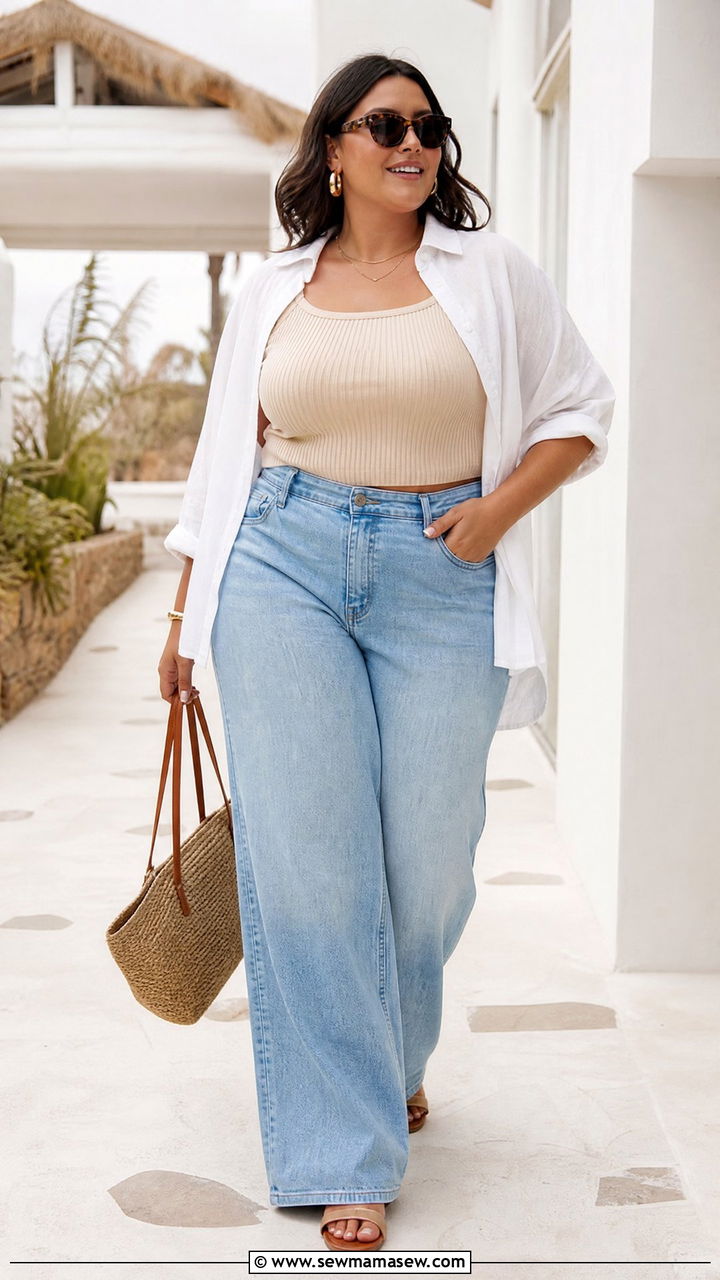 Plus Size High Waisted Jeans With Knit Tank - 20 plus size high waisted jeans outfit ideas