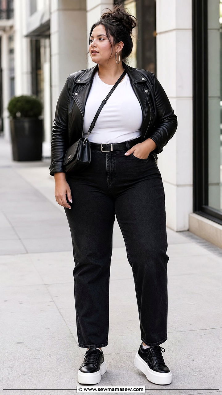 Plus Size High Waisted Jeans With Leather Jacket - 20 plus size high waisted jeans outfit ideas