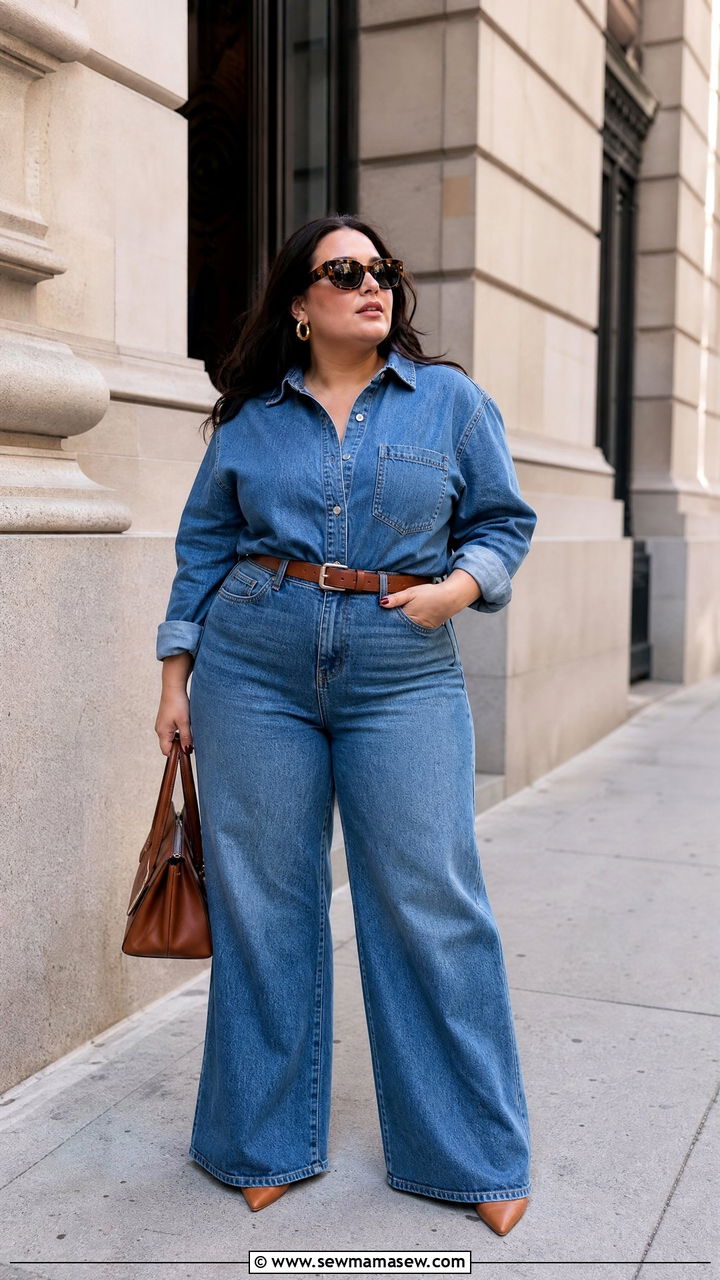 Plus Size High Waisted Jeans With Matching Denim Shirt - 20 plus size high waisted jeans outfit ideas
