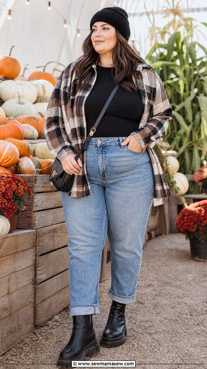 Plus Size High Waisted Jeans With Plaid Shacket - 20 plus size high waisted jeans outfit ideas