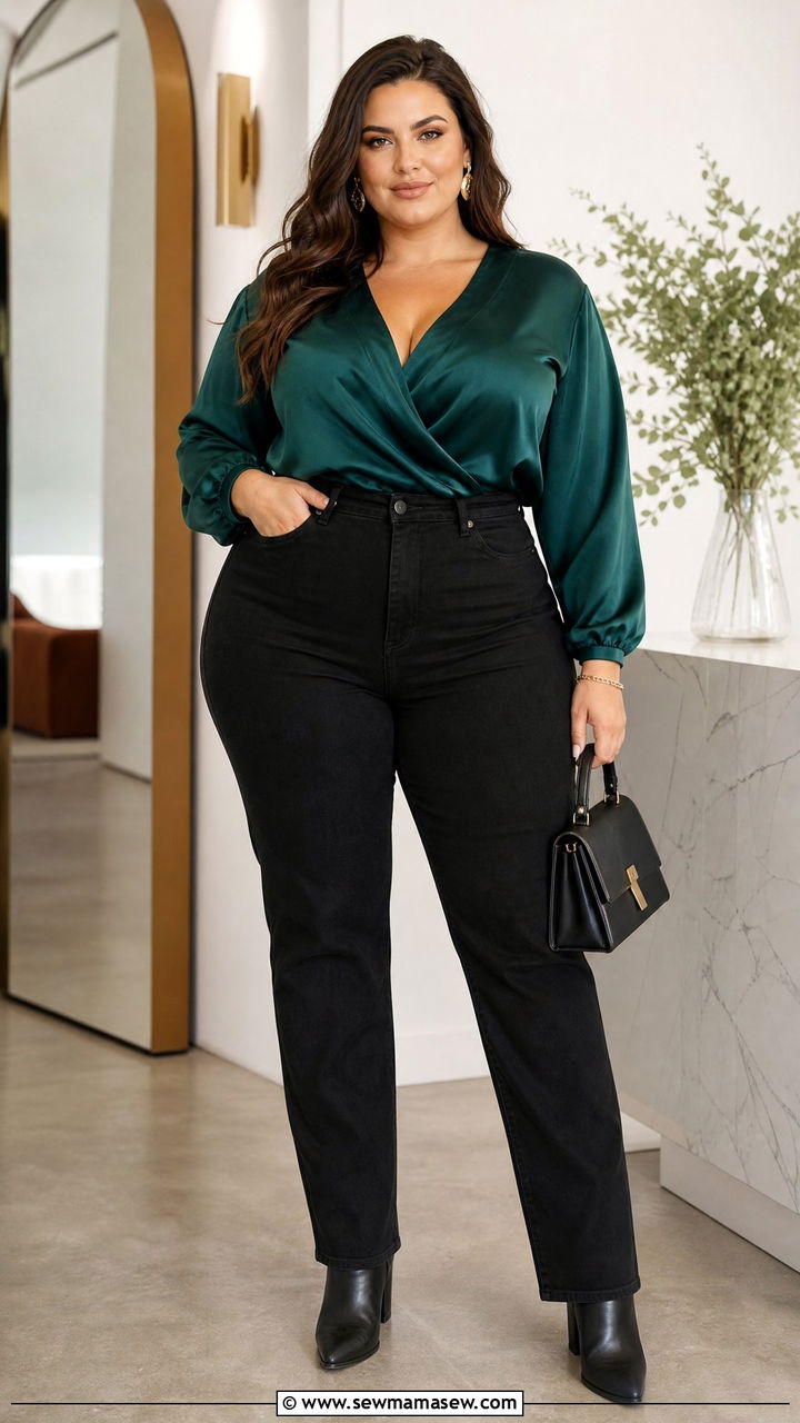 Plus Size High Waisted Jeans With Satin Blouse - 20 plus size high waisted jeans outfit ideas