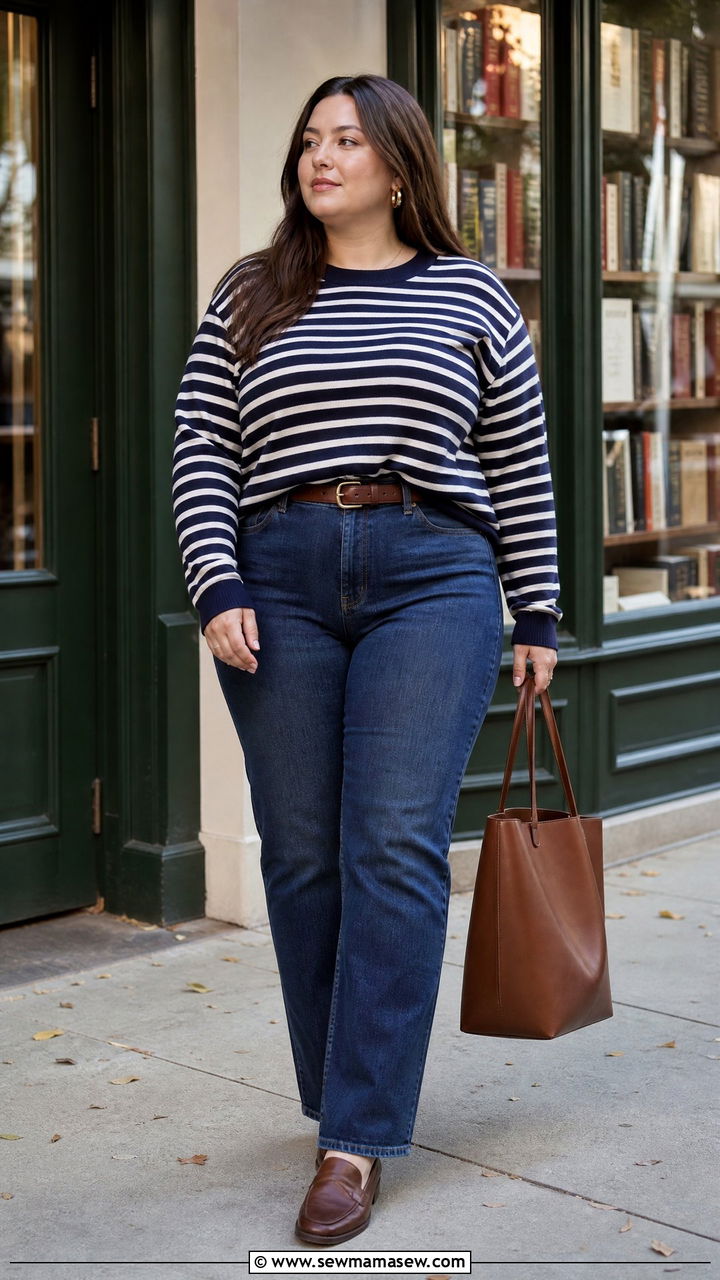 Plus Size High Waisted Jeans With Striped Sweater - 20 plus size high waisted jeans outfit ideas