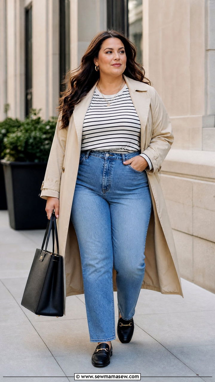 Plus Size High Waisted Jeans With Trench Coat - 20 plus size high waisted jeans outfit ideas