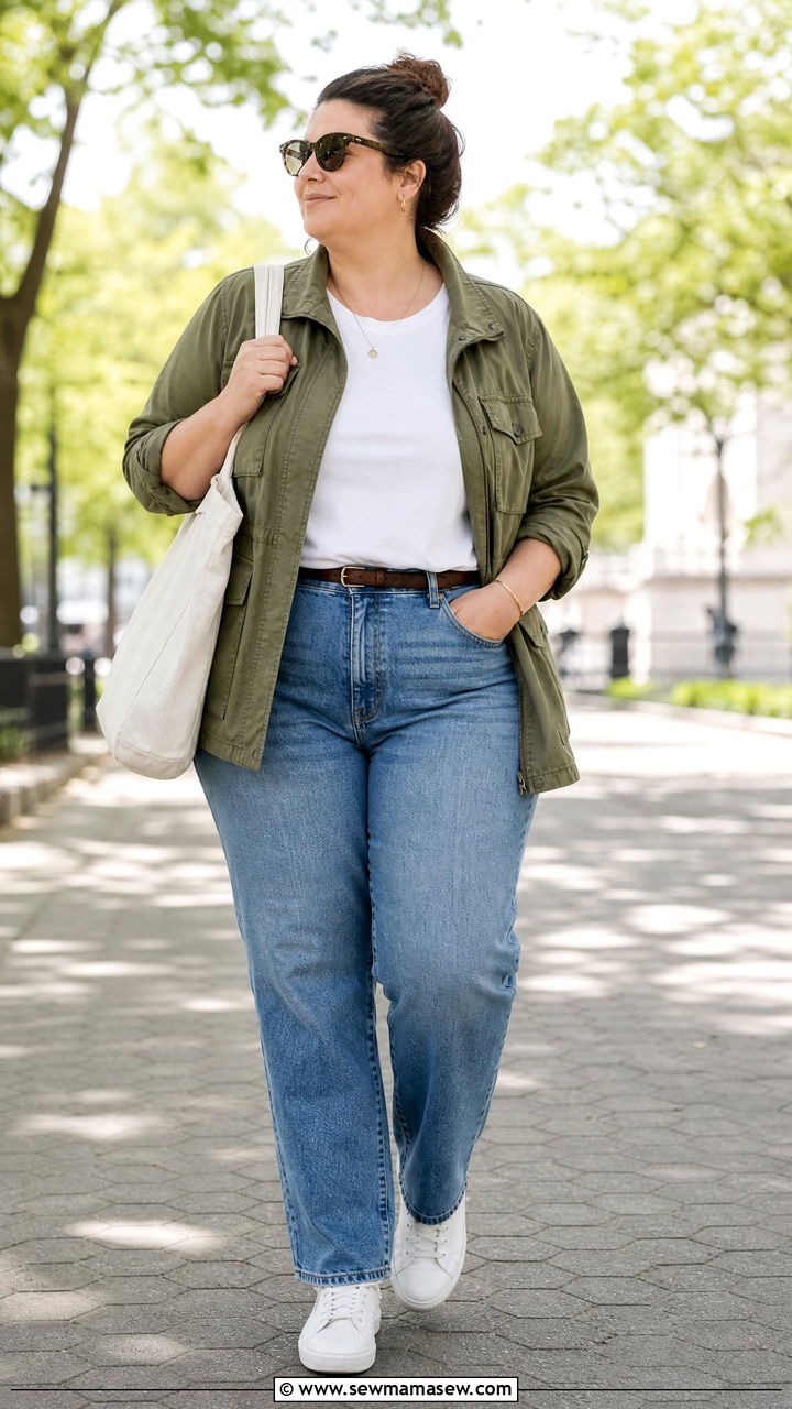 Plus Size High Waisted Jeans With Utility Jacket - 20 plus size high waisted jeans outfit ideas