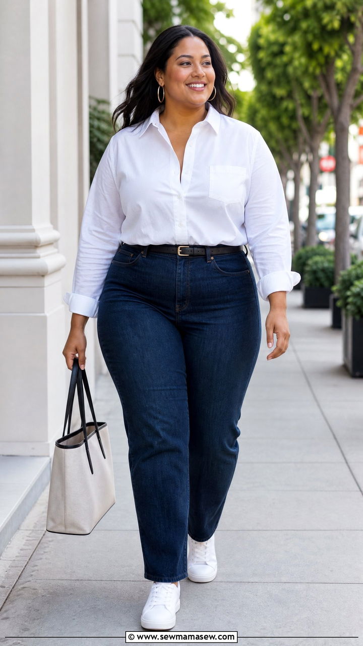 Plus Size High Waisted Jeans With White Button Down Shirt - 20 plus size high waisted jeans outfit ideas