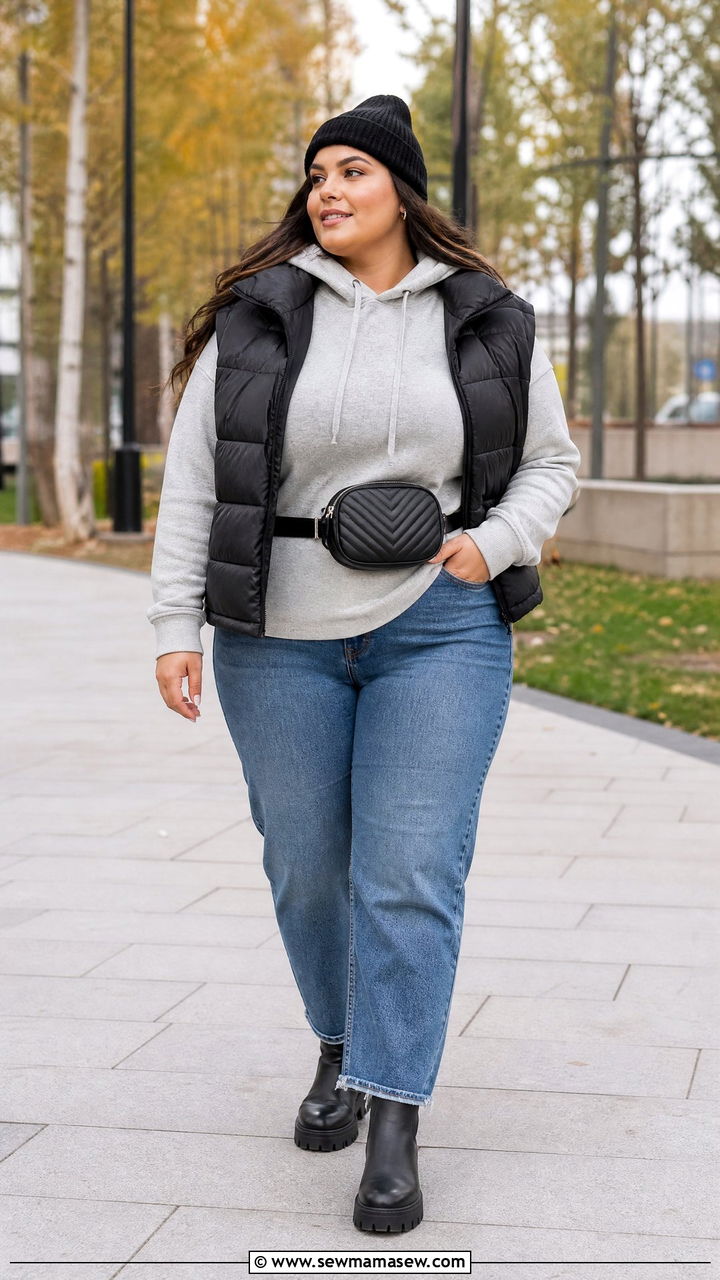 Plus Size Hoodie Sweater With Puffer Vest - 20 plus size sweater weather outfit ideas