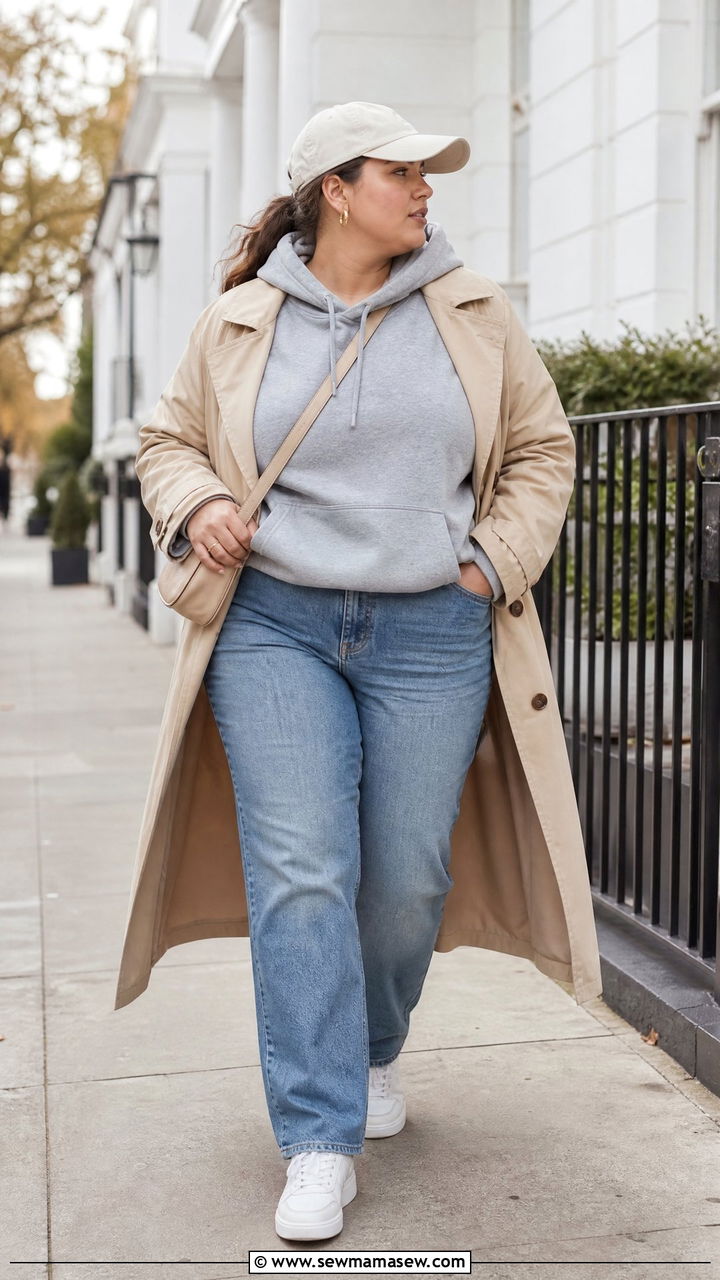 Plus Size Hoodie With Trench Coat - 20 plus size cozy fall outfits