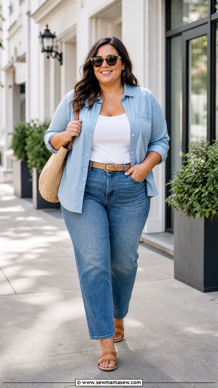 Plus Size Jeans With Chambray Shirt - 20 plus size summer outfit ideas with jeans