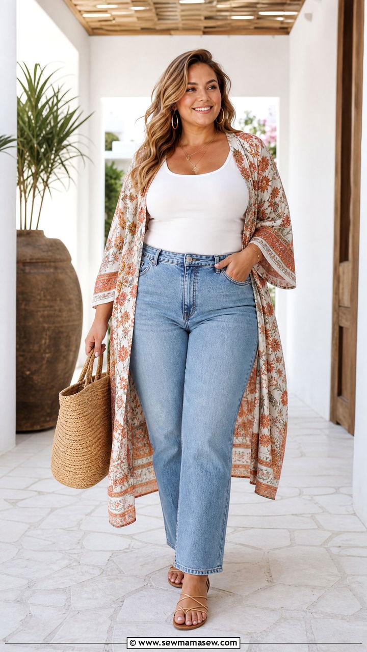 Plus Size Jeans With Kimono Layer - 20 plus size summer outfit ideas with jeans