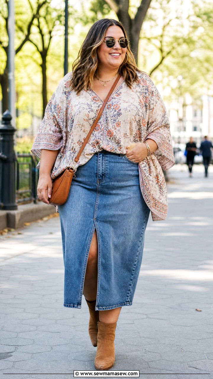 Plus Size Kaftan Top With A Denim Skirt - 20 plus size kaftan top outfit ideas