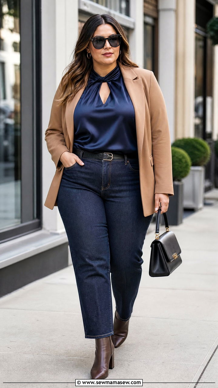 Plus Size Keyhole Top With Blazer And Jeans - 20 plus size keyhole top outfit ideas
