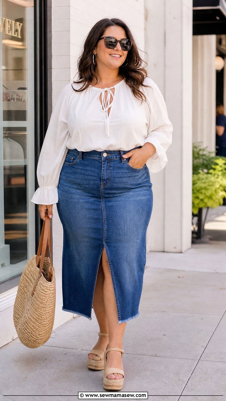 Plus Size Keyhole Top With Denim Skirt - 20 plus size keyhole top outfit ideas