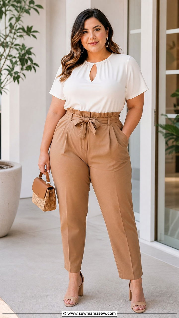 Plus Size Keyhole Top With Paperbag Pants - 20 plus size keyhole top outfit ideas