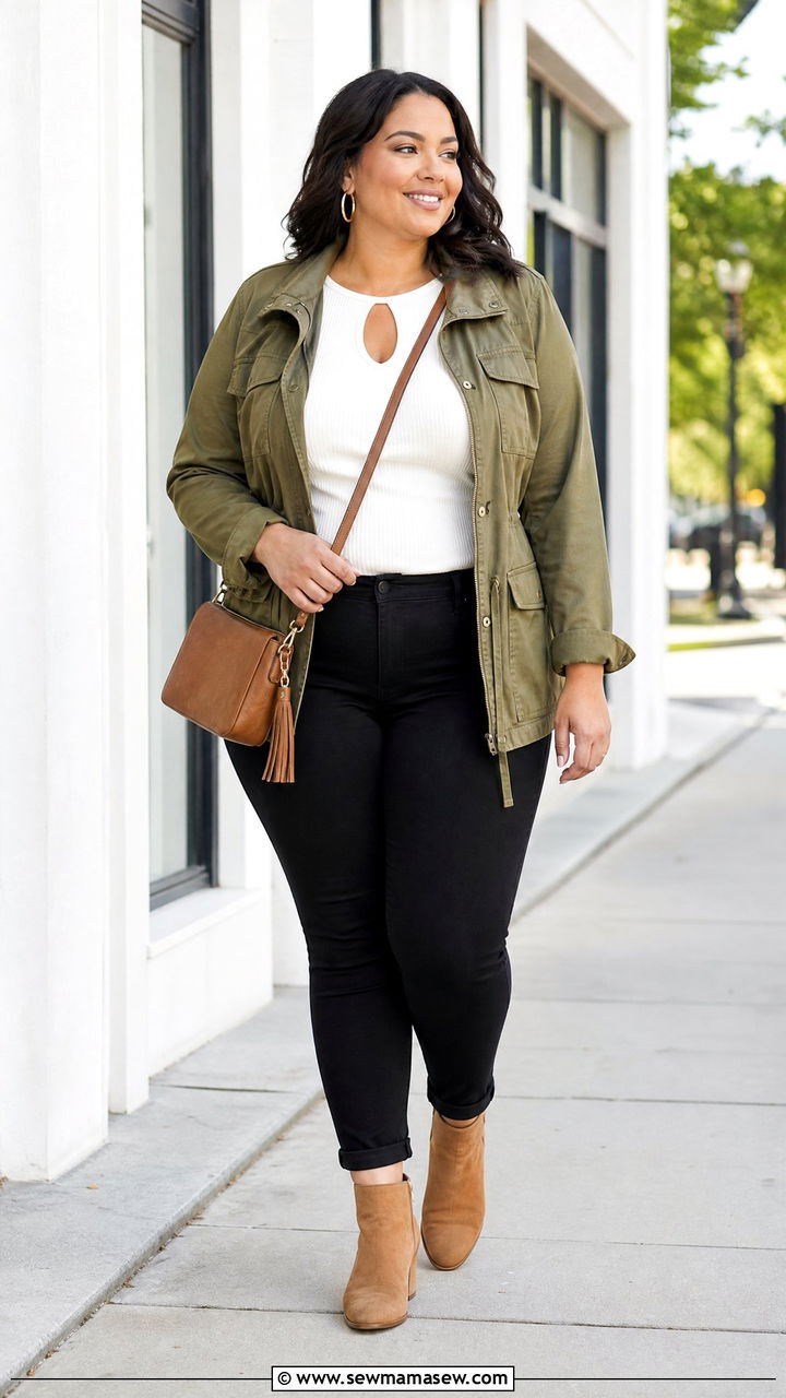 Plus Size Keyhole Top With Utility Jacket - 20 plus size keyhole top outfit ideas