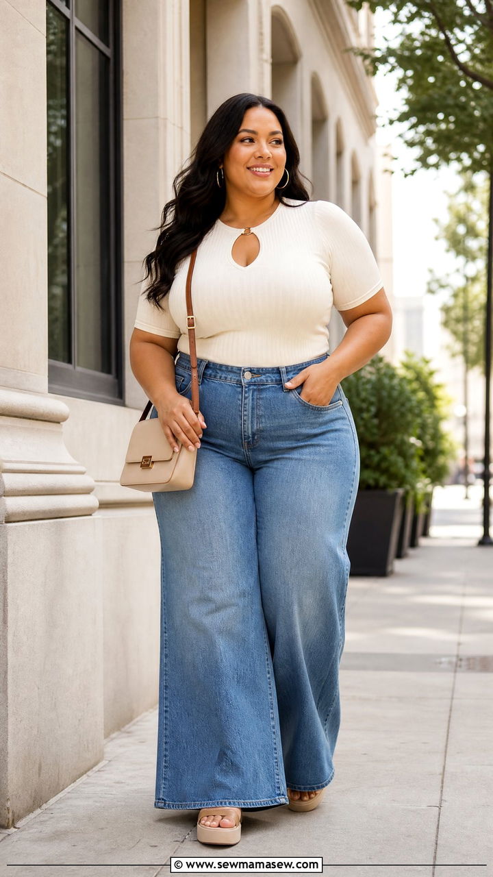 Plus Size Keyhole Top With Wide Leg Jeans - 20 plus size keyhole top outfit ideas