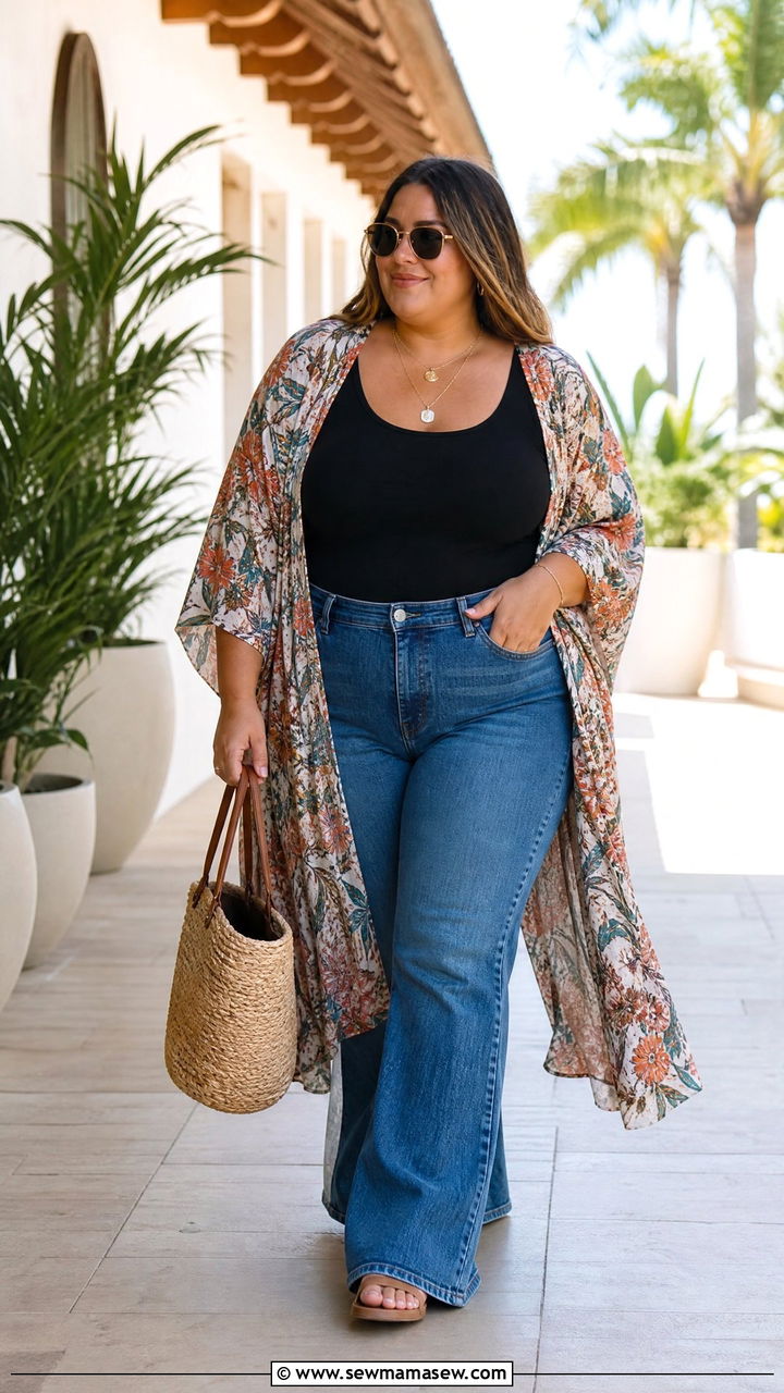 Plus Size Kimono Outfit With Tank And Jeans - 20 plus size layering outfit ideas