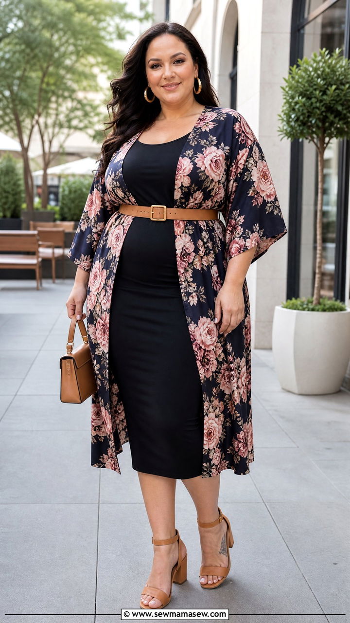 Plus Size Kimono Top With A Belted Waist - 20 plus size kimono top outfit ideas