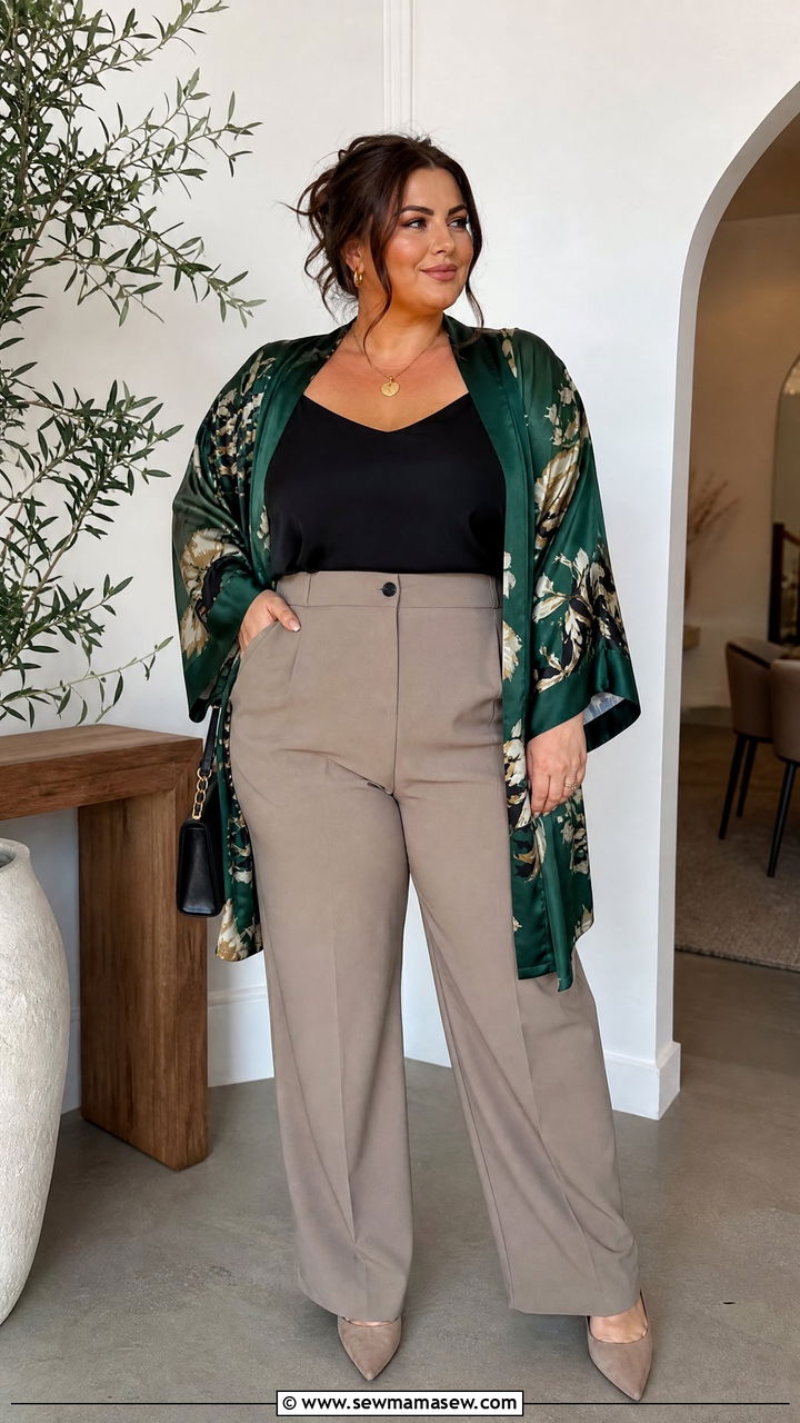 Plus Size Kimono Top With A Camisole And Trousers - 20 plus size kimono top outfit ideas