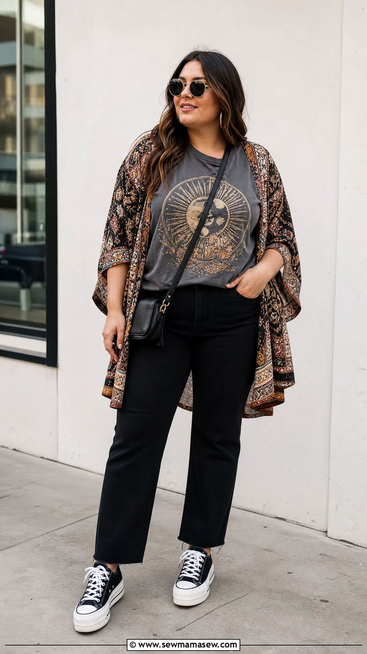 Plus Size Kimono Top With A Graphic Tee - 20 plus size kimono top outfit ideas