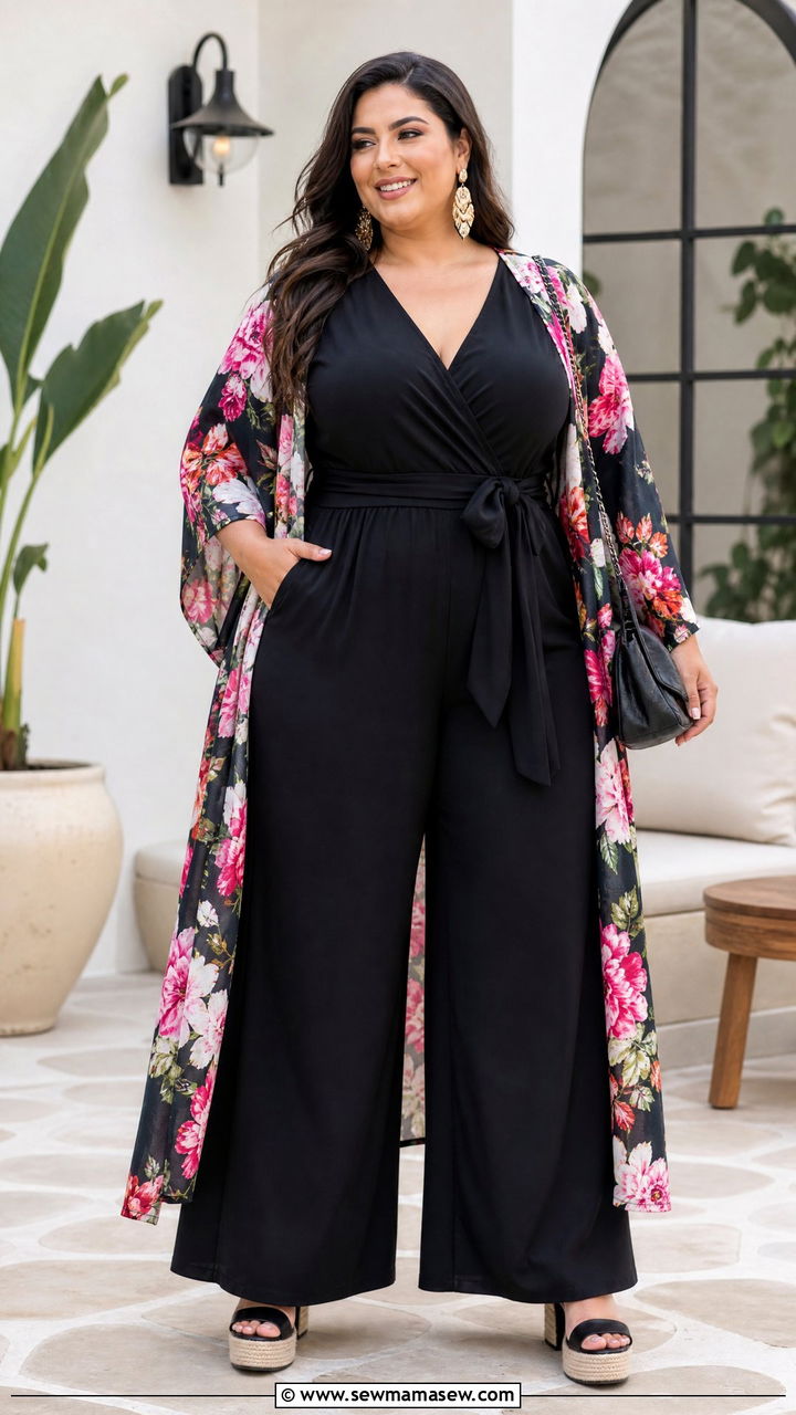 Plus Size Kimono Top With A Jumpsuit - 20 plus size kimono top outfit ideas