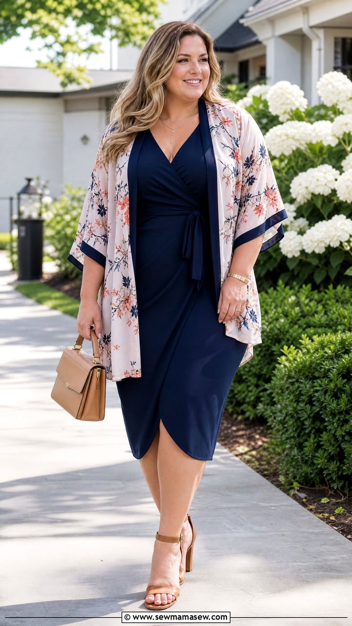 Plus Size Kimono Top With A Midi Dress - 20 plus size kimono top outfit ideas