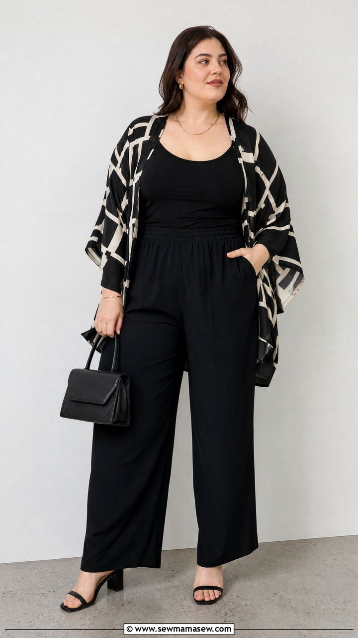 Plus Size Kimono Top With A Monochrome Outfit - 20 plus size kimono top outfit ideas