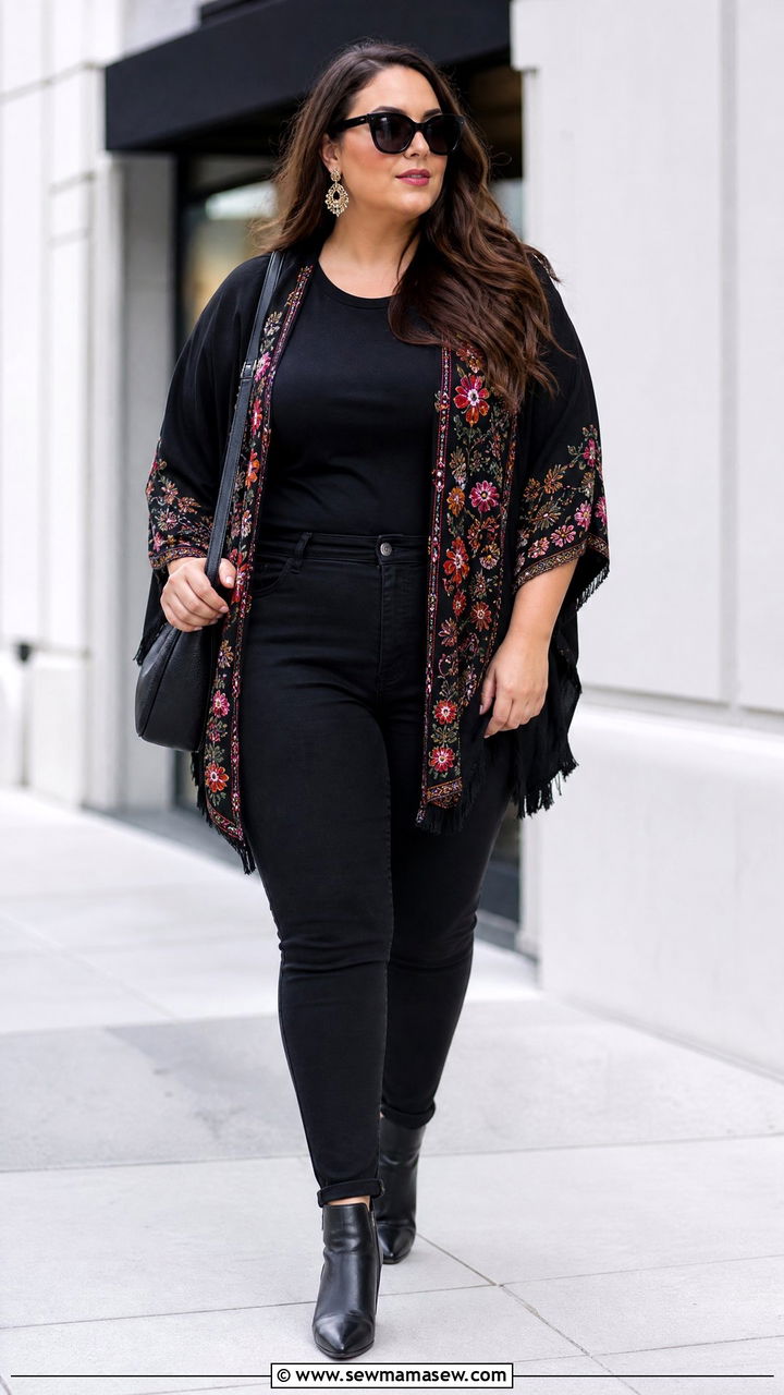 Plus Size Kimono Top With An All Black Outfit - 20 plus size kimono top outfit ideas
