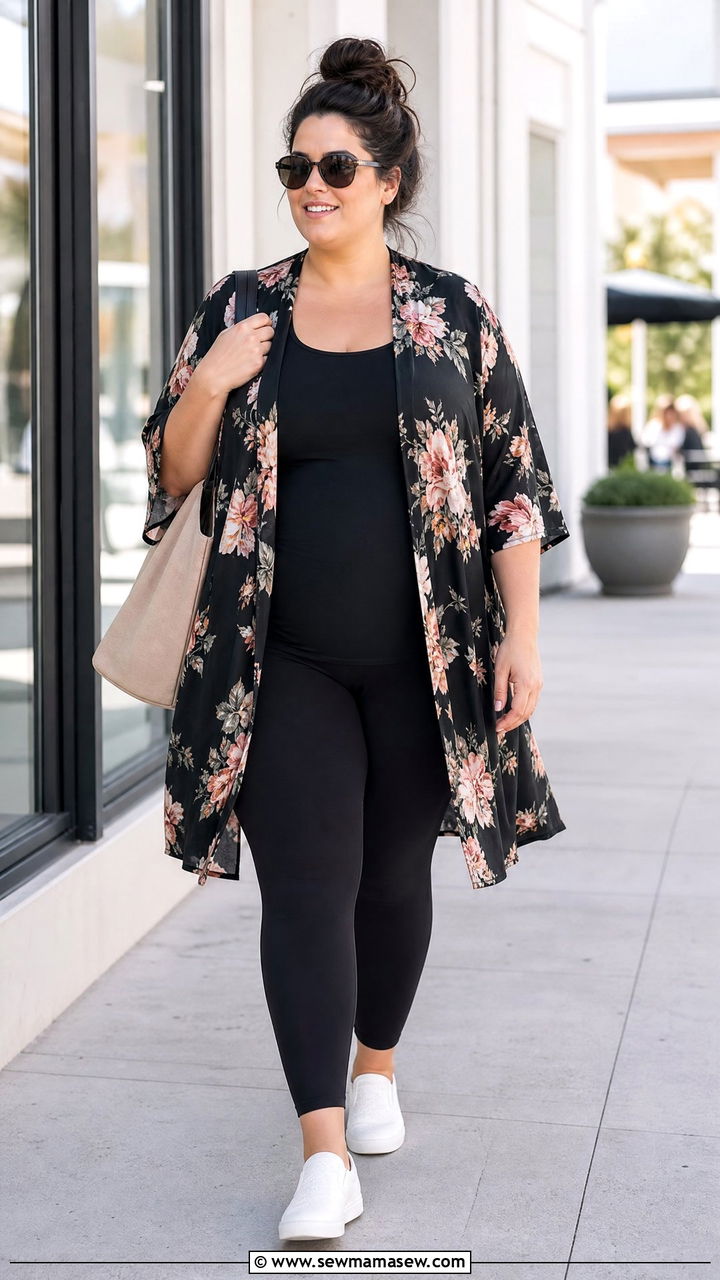 Plus Size Kimono Top With Black Leggings - 20 plus size kimono top outfit ideas