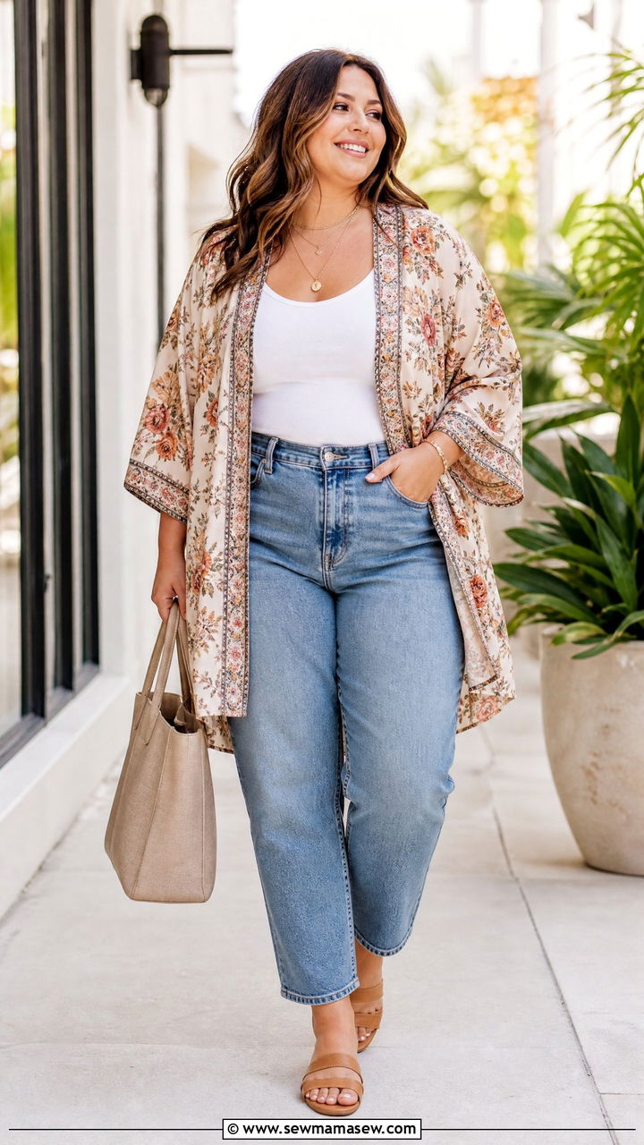 Plus Size Kimono Top With Tank And Jeans - 20 plus size tops to hide belly outfit ideas