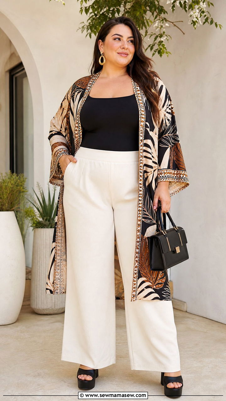 Plus Size Kimono Top With Wide Leg Pants - 20 plus size kimono top outfit ideas
