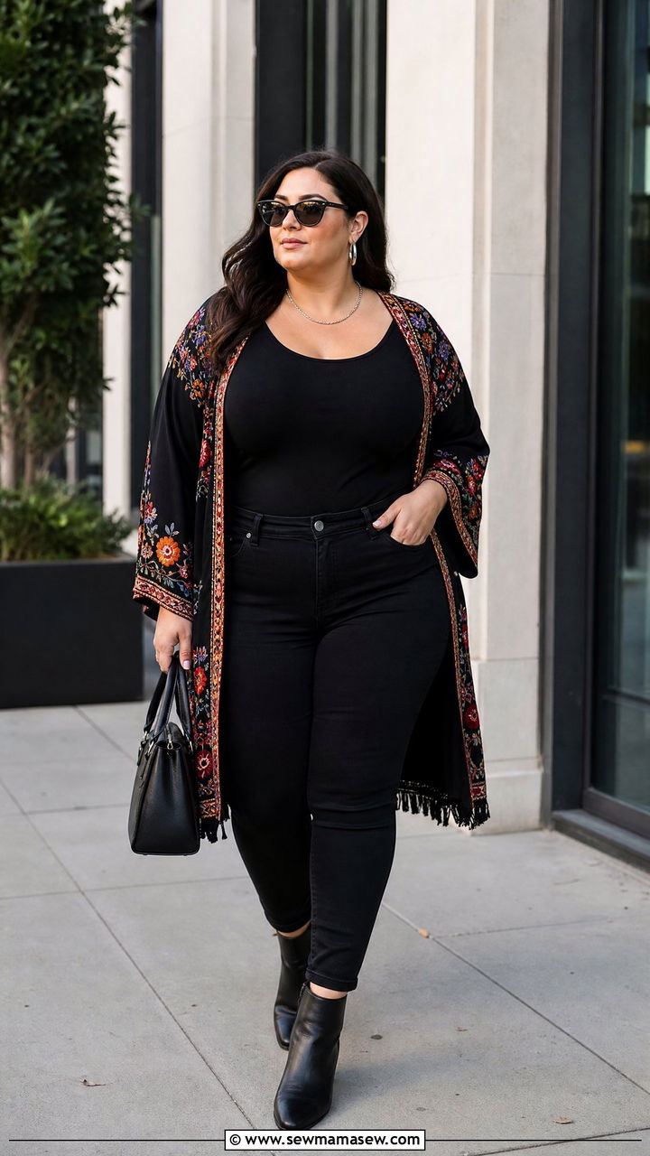 Plus Size Kimono With All Black Outfit - 20 plus size kimono outfit ideas
