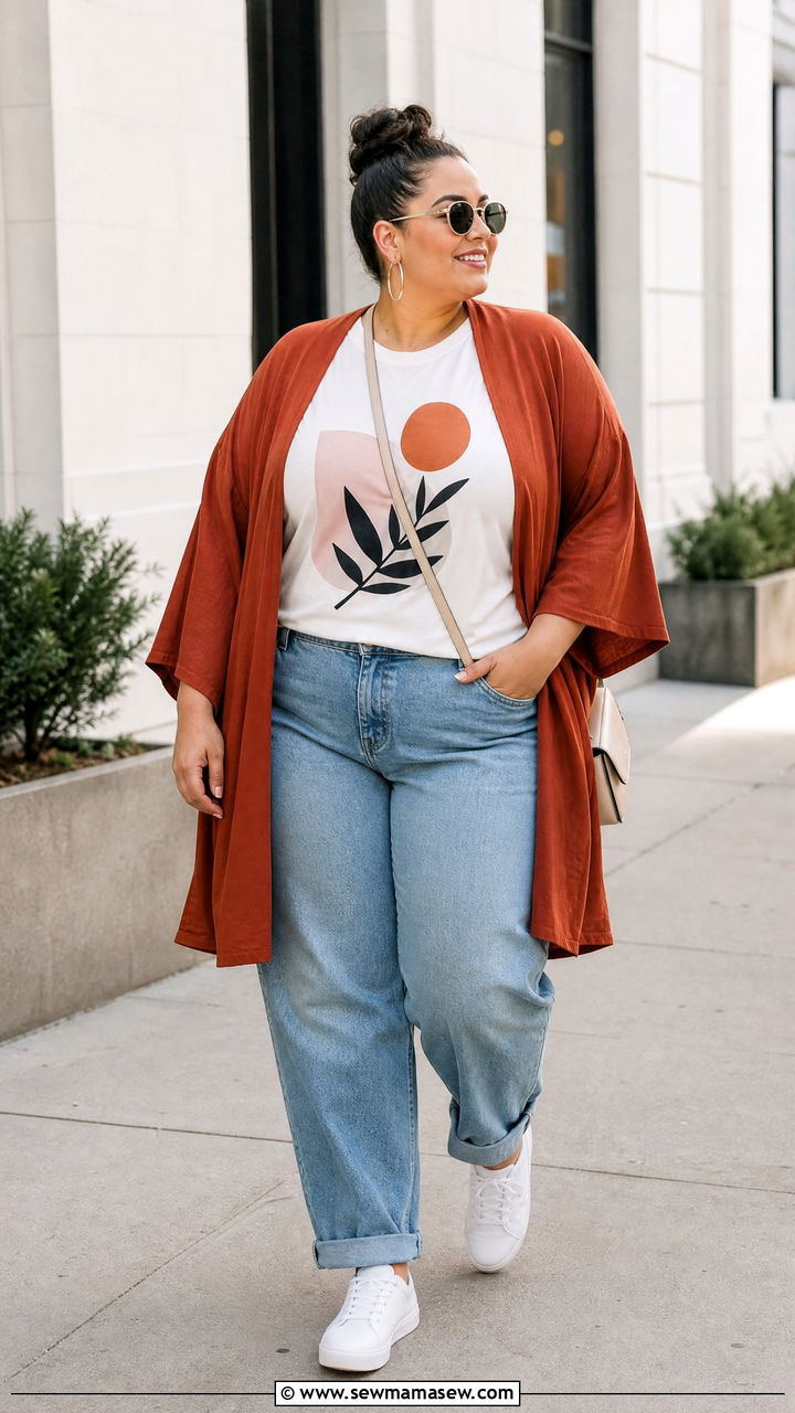 Plus Size Kimono With Graphic Tee - 20 plus size kimono outfit ideas