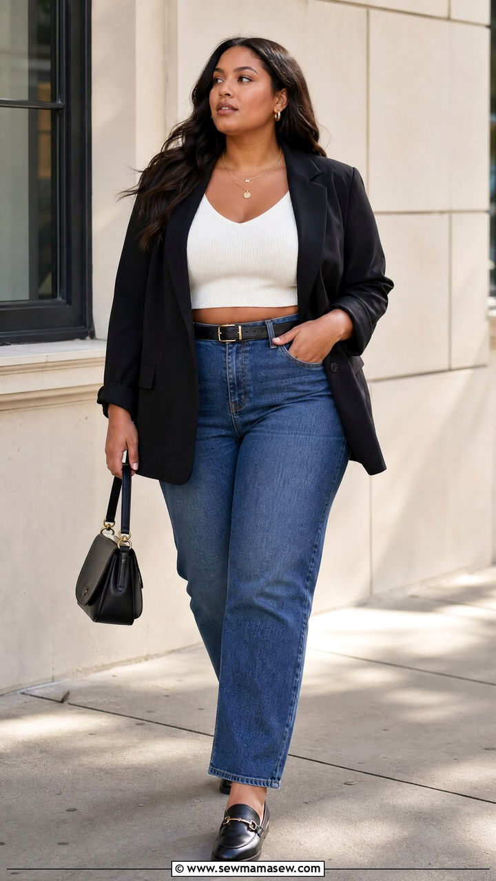 Plus Size Knit Crop Top With Blazer And Jeans - 20 plus size knit crop top outfit ideas